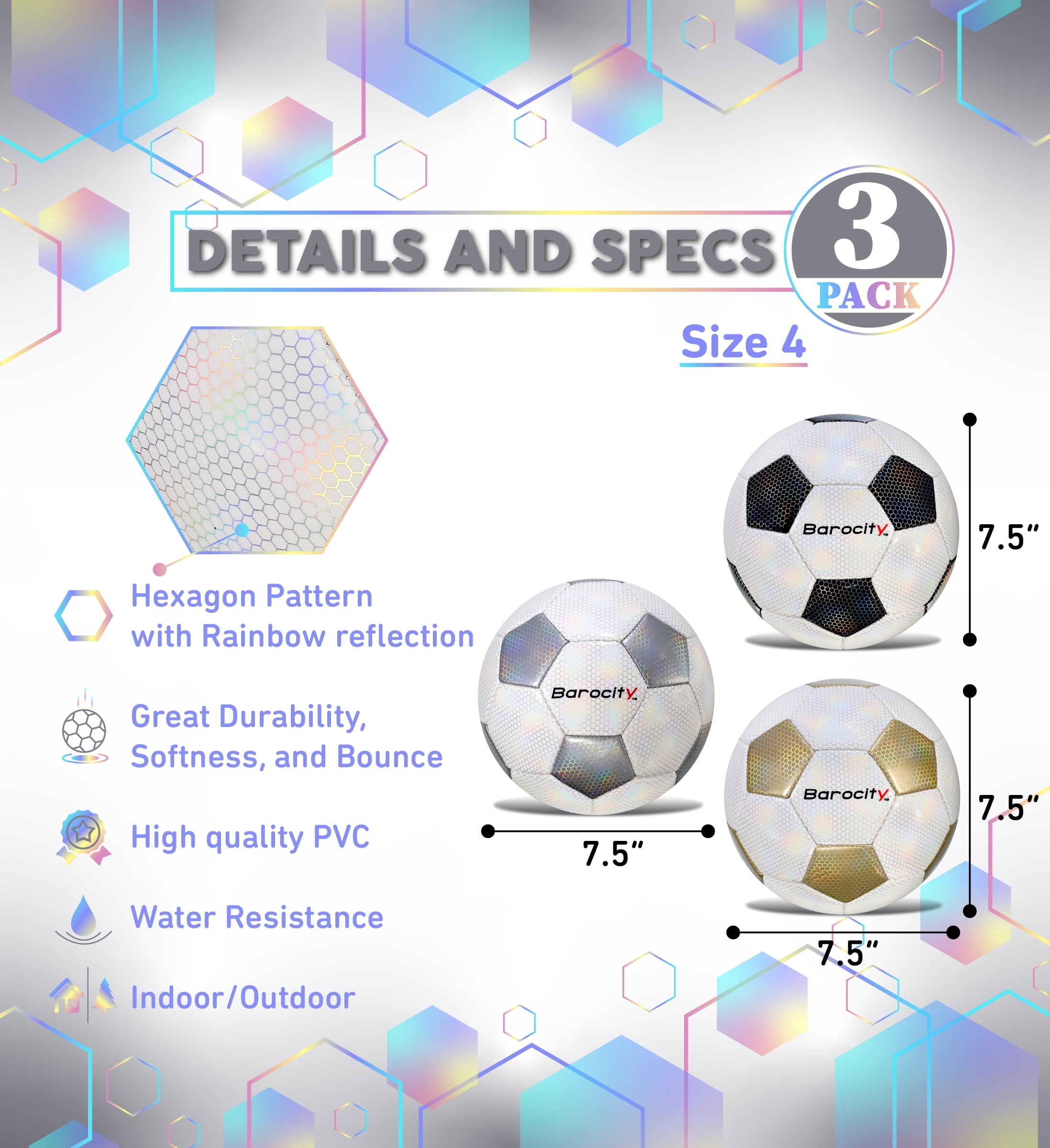 Barocity Classic Pattern Soccer Balls Set of 3 - Classic Black, Gold, Silver Official Match Ball with Reflective Hex Pattern, Sport Soccer Balls for Indoor and Outdoor Training and Practice - Size 4