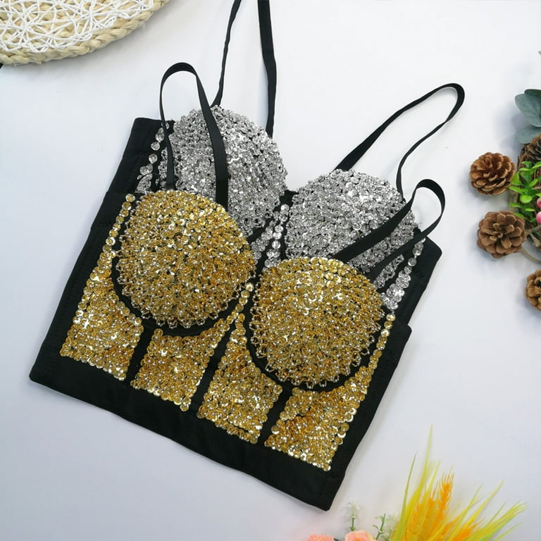 HGYCPP Women Glitter Sequins Beaded Bustier Bra Rave Festival Jewelry Push  Up Corset Camisole Night Club Bralette Sling Vest 