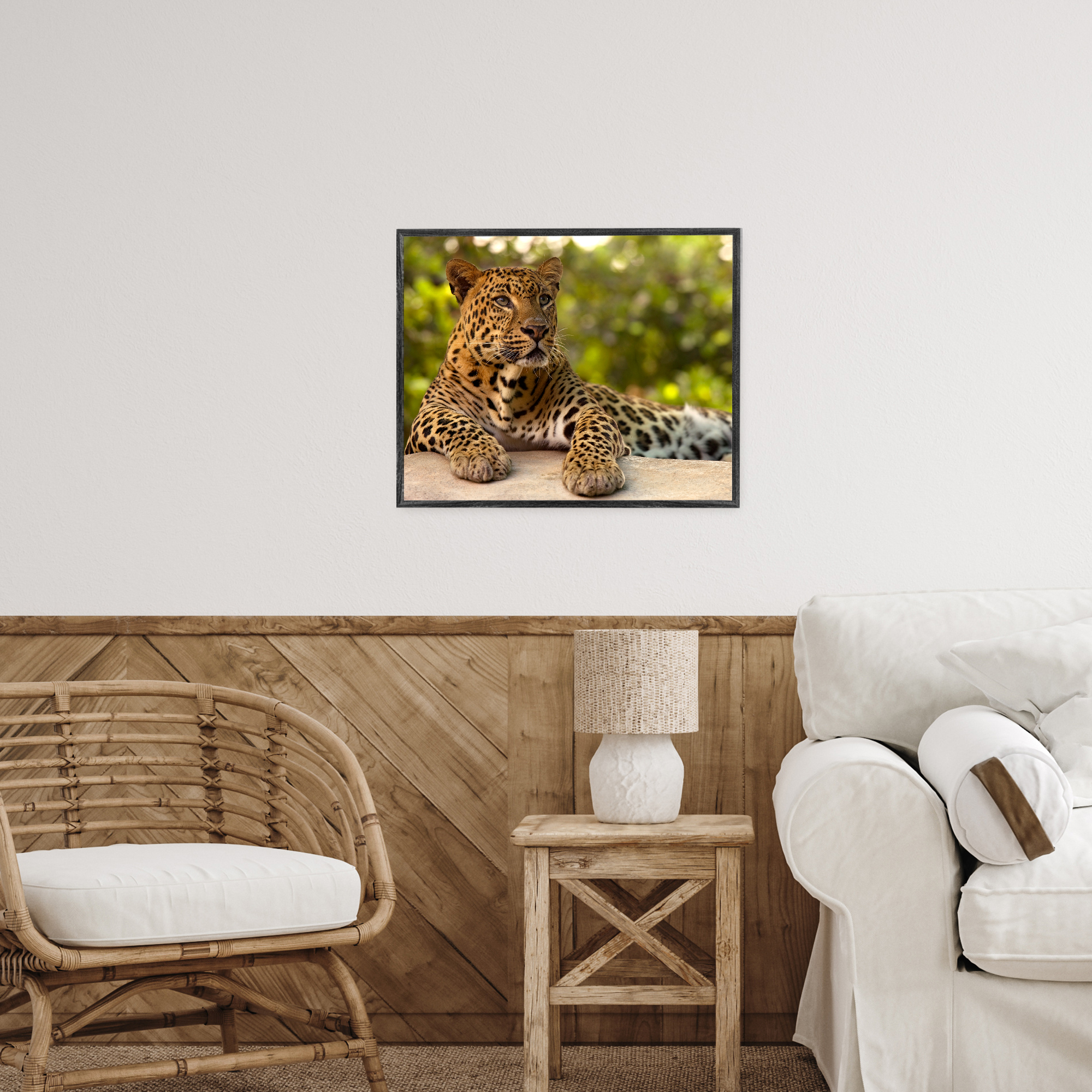 Leopard Gazing Relaxation Gray Framed Giclee Art, design by MJ Photography