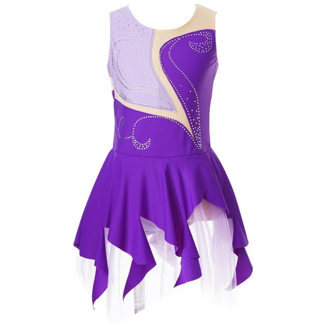 Jhaoyu Kids Girls Sleeveless Sparkly Rhinestone Figure Roller Ice Skating Dress Gymnastic Ballet Leotard Dress Dancewear Purple 6