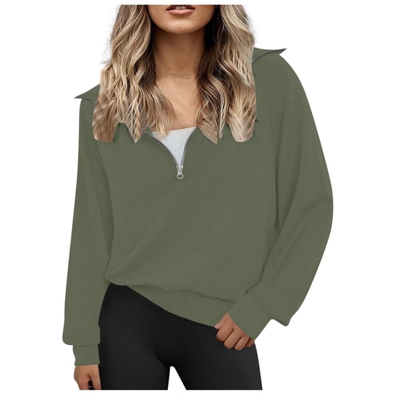 Tiweut Sweatshirts for Womens Long Sleeve Round Neck Half Zip Pullover Solid Color Loose Fit Tops Army Green,L