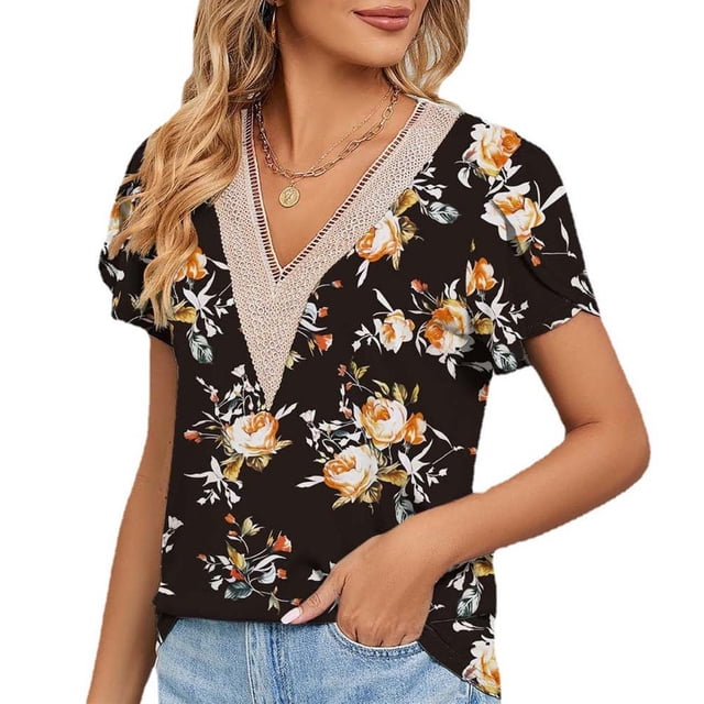 Guipure Lace Printed Blouse V Neckline Petal Short Sleeved Guipure Blouse for Women Dating Red Flower Black Background XL