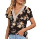 thumbnail image 1 of Blusa de encaje de guipur con escote en V y mangas cortas de pétalos para mujer, perfecta para citas - Talla XL Flor roja sobre negro, 1 of 6