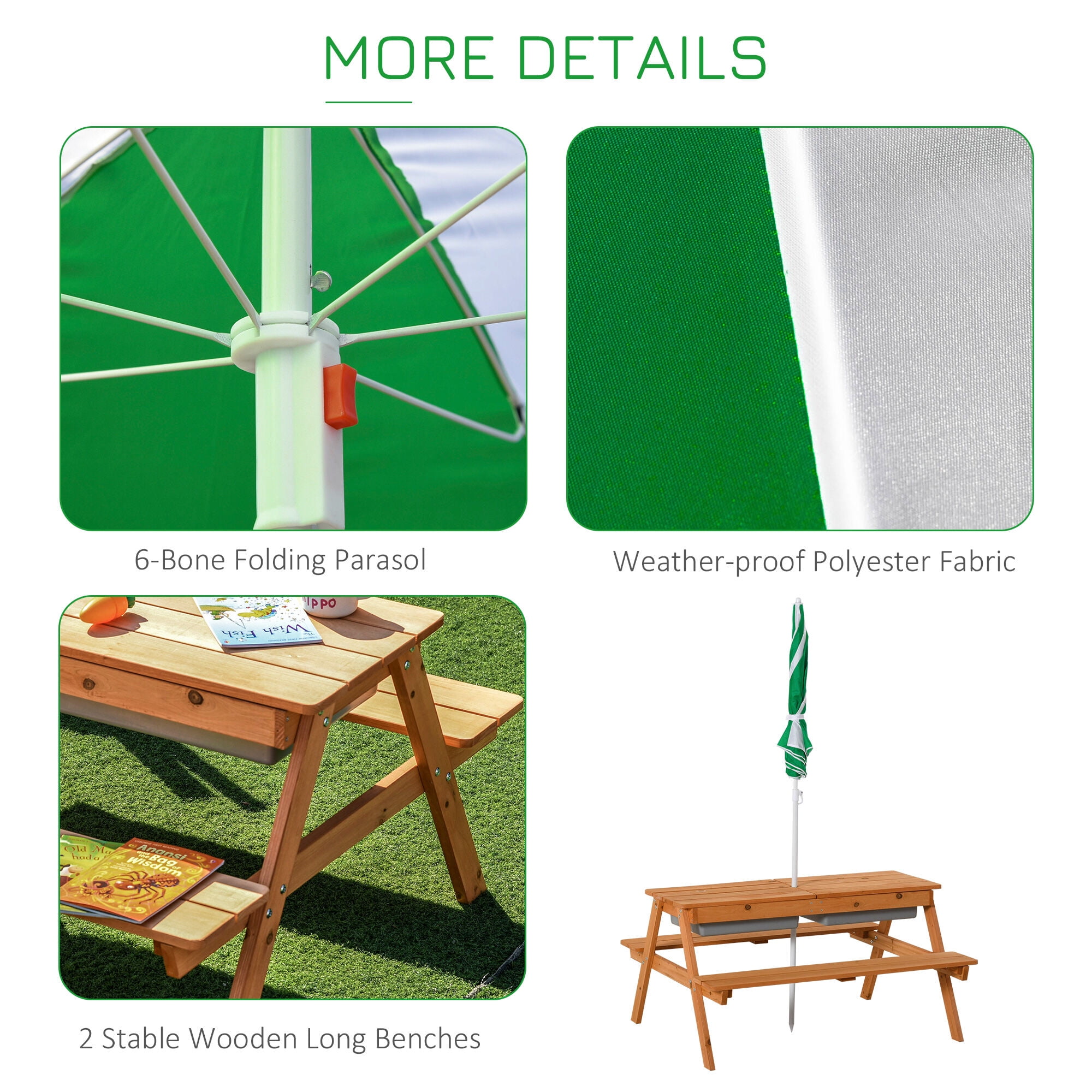 Kids Outdoor Toys, Kids Picnic Table with Umbrella and Storage Inside, Sand and Water Table, Kids Outdoor Furniture, Wooden Bench Backyard Furniture for Garden, Patio, or Balcony