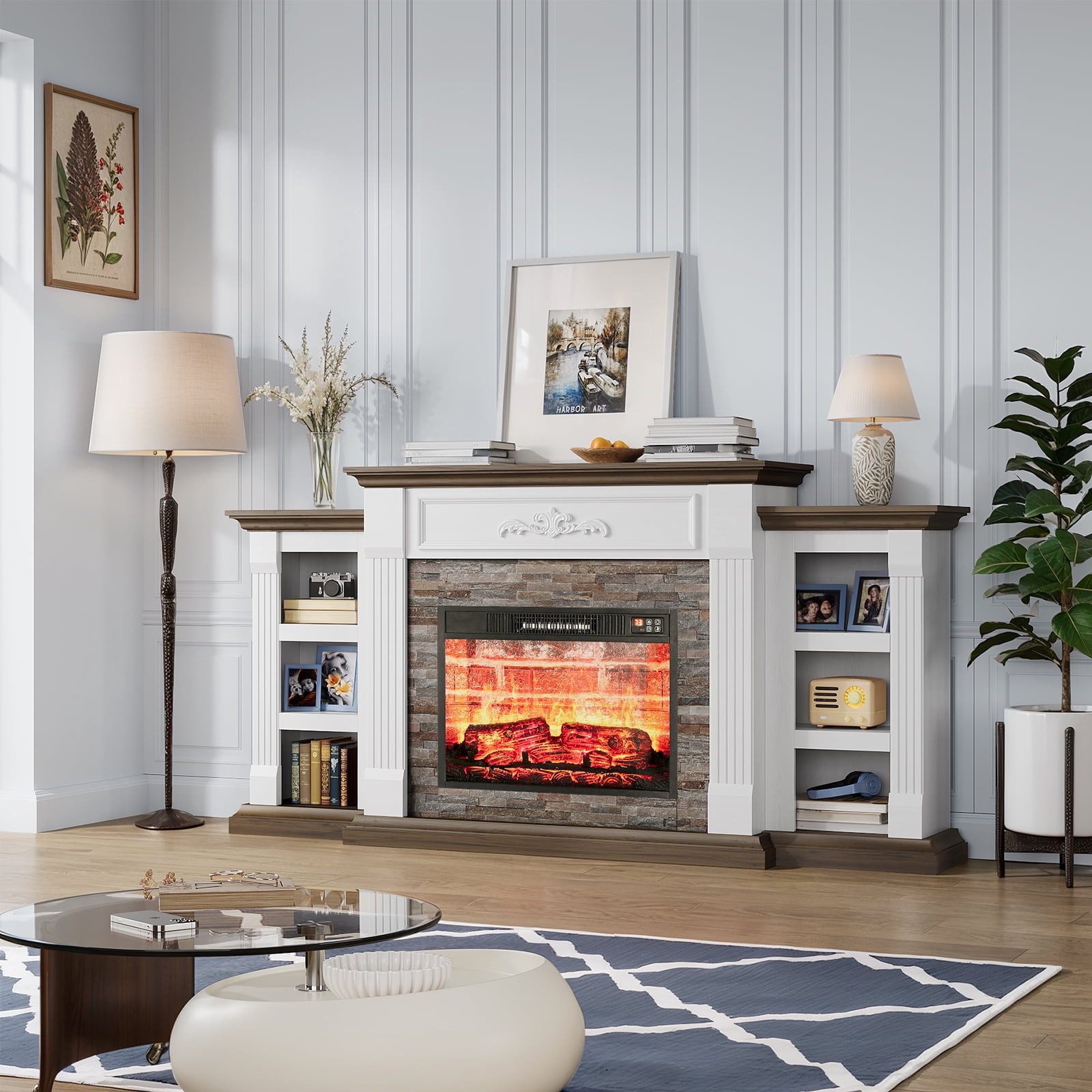 Holliwill 72" Electric Fireplace with Mantel, Farmhouse TV Stand for TVs up to 80", White Entertainment Center with 23" Fireplace Insert Heater for Living Room, Bedroom