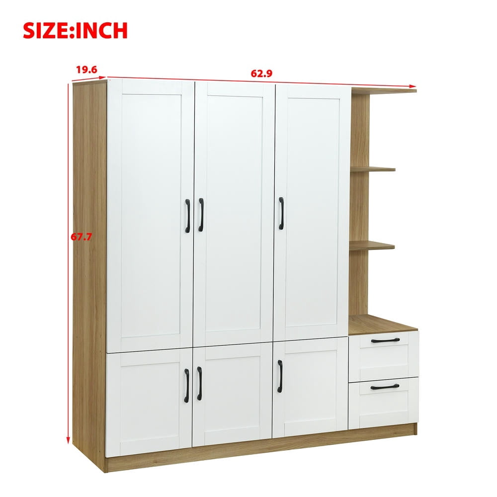 Kadyn 3 Door Armoire Wardrobe Closet, 67" Large Wardrobe Armoire with 2 Drawers & Shelves, Modern Wooden Armoire Storage with Hanging Rod for Bedroom, White