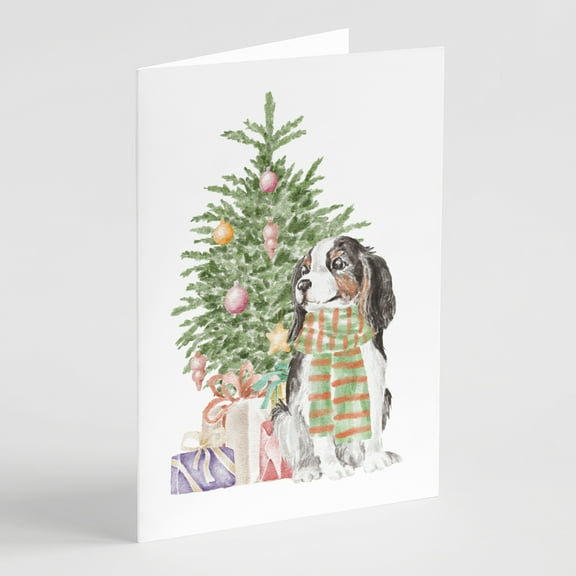 Carolines Treasures CK8208GCA7P Cavalier Spaniel Tricolor Christmas Presents and Tree Greeting Cards and Envelopes Pack