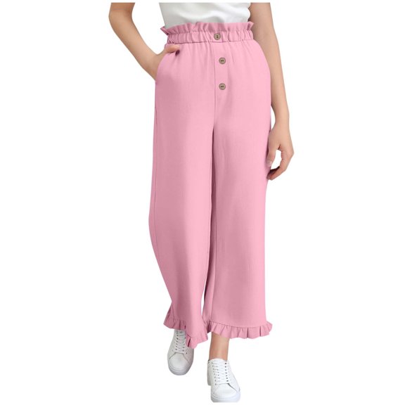 Cethrio Cotton Linen Pants for Girls, Summer Ruffled Casual Elastic Waist Wide Leg Pants Hot Pink Size 10-12T