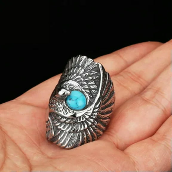 Fahsion Mens Women Jewelry Eagles Inlay Turquoise Titanium Steel Ring Sz 8-13