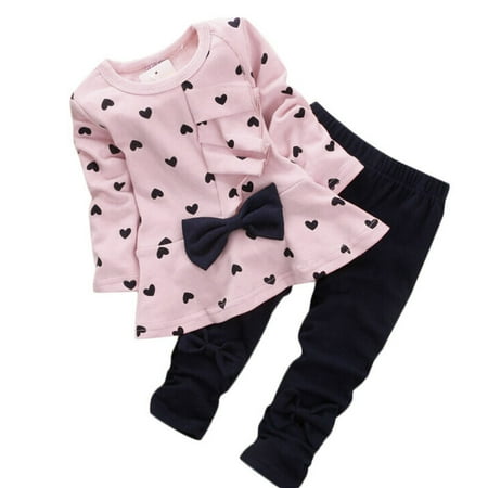 

None Sets Heart-shaped Print Bow Cute 2PCS Kids Set T shirt + Pants PK/100 Crop Tops for Teen Girls 14-16