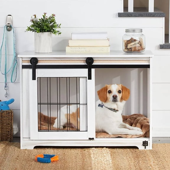 Barn Door Pet Crate - End Table with Sliding Door for Dogs, Cats (White)