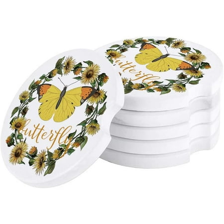 

KXMDXA Butterfly Sunflower Wreath White Set of 2 Car Coaster for Drinks Absorbent Ceramic Stone Coasters Cup Mat with Cork Base for Home Kitchen Room Coffee Table Bar Decor