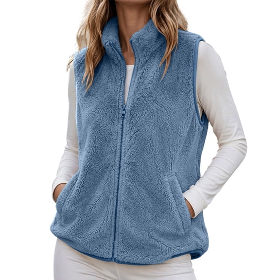 Nfurl Sherpa Fleece Vests for Women Sleeveless Jackets with Pockets Trendy Casual Fitted Zipper Front Fall Winter Outerwear Vest Blue,L