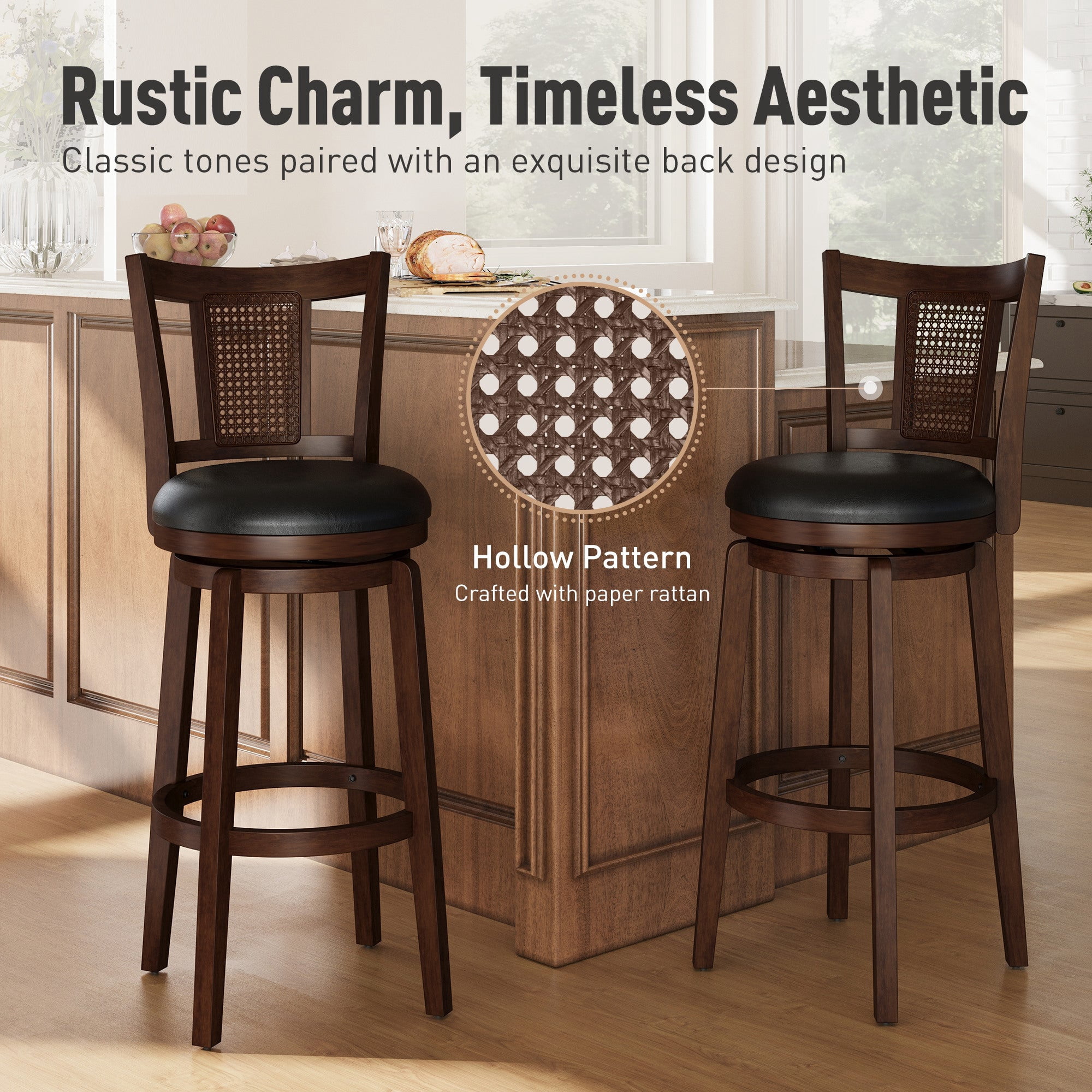 MF Studio 30" Wood Swivel Bar Height Stool with back Set of 2, Farmhouse Upholstered Pub Chair with Extra Large Seat & Hollow Pattern Back, Walnut