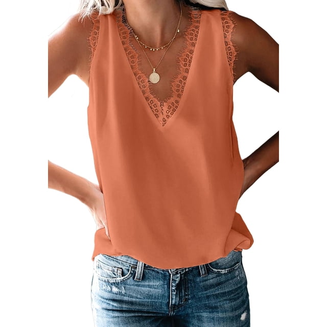 Camiseta de Tirantes Holgada Sin Mangas con Cuello en V y Encaje de Pestañas de Verano, Color Naranja, Talla M