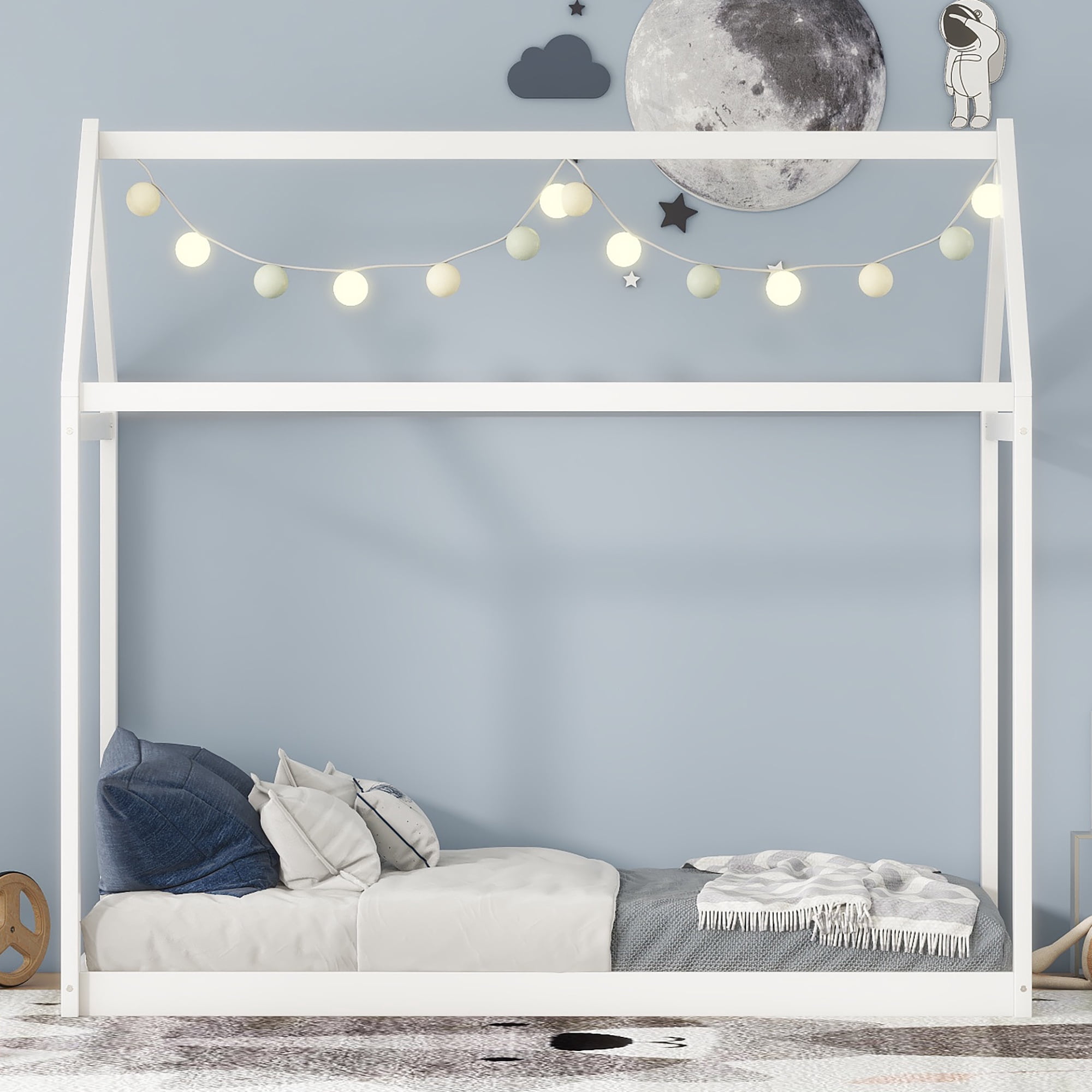Solid Wood House Bed Twin for Kids,House Bed Frame Montessori Floor Bed for Kids Children Toddler Girls Boys,White