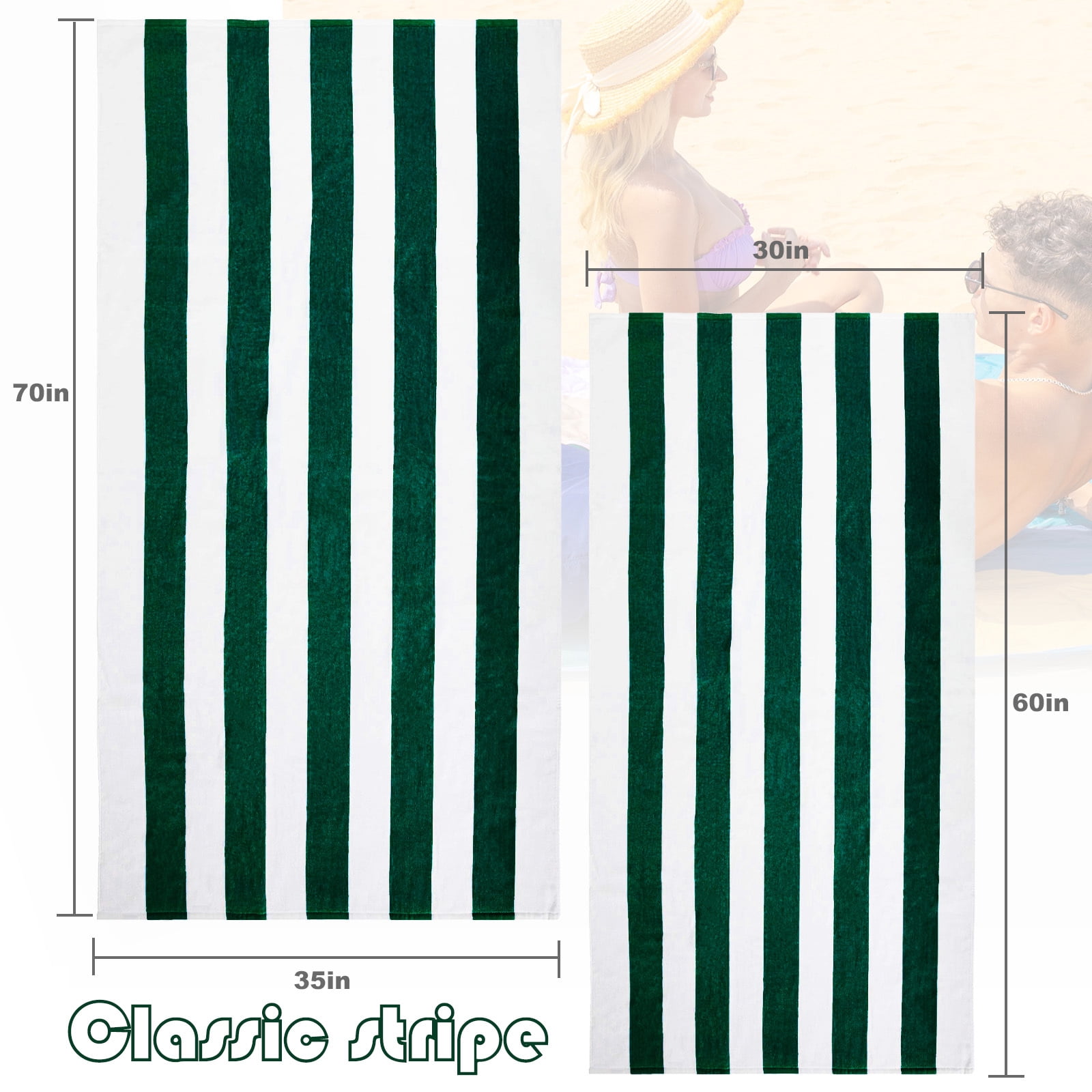 Exclusivo Mezcla 2-Pack Cotton Oversized 35"x70" Cabana Stripe Beach Towels, Super Absorbent Soft Plush Pool Towel, Bath Towel (Forest Green)