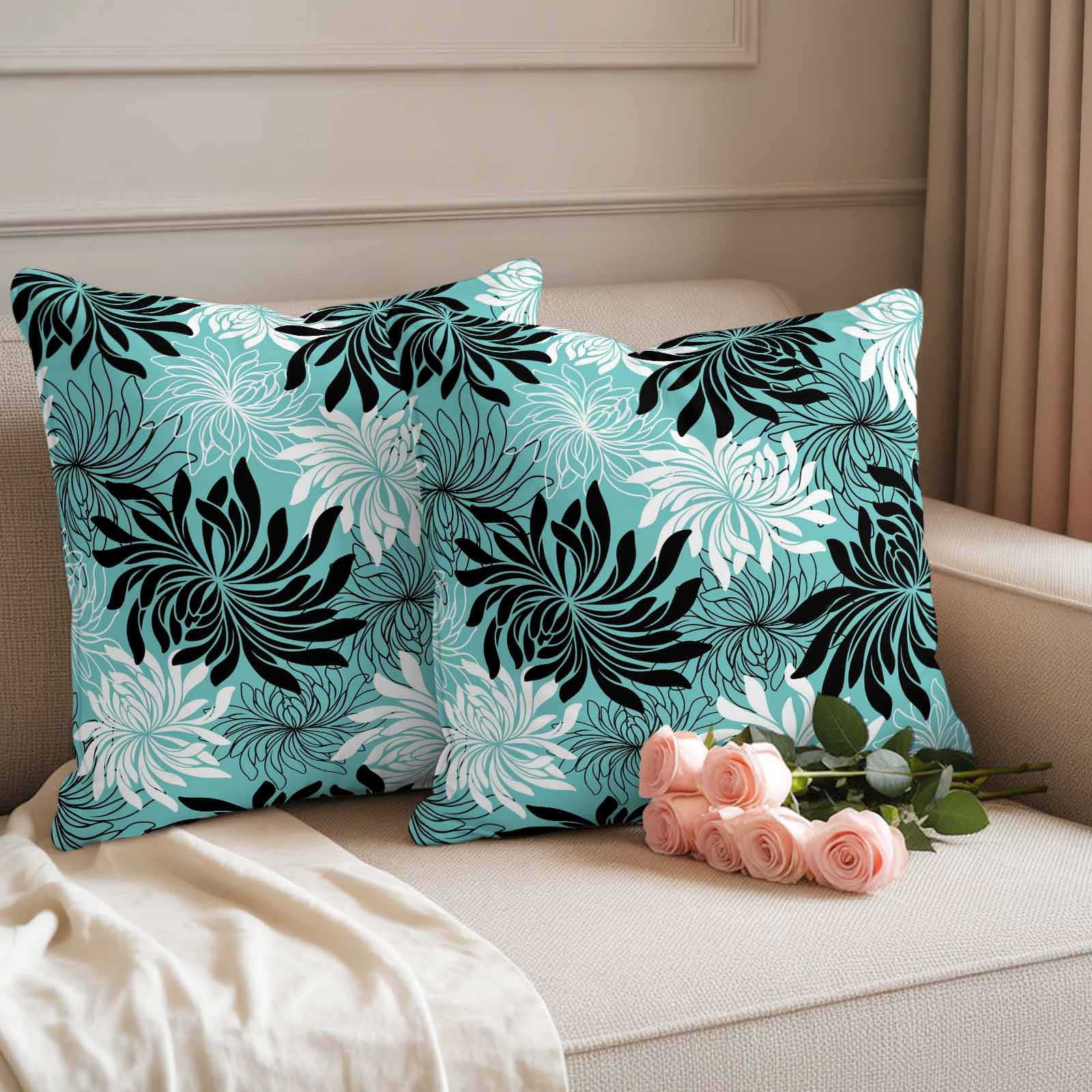 Teal Black Flowers Outdoor Waterproof Throw Pillow Covers 18x18 Set of 2, Modern Abstract Blooms Floral Decorative Pillowcases Cushion Pillowcase for Couch Sofa Patio Outside Pillow Protector