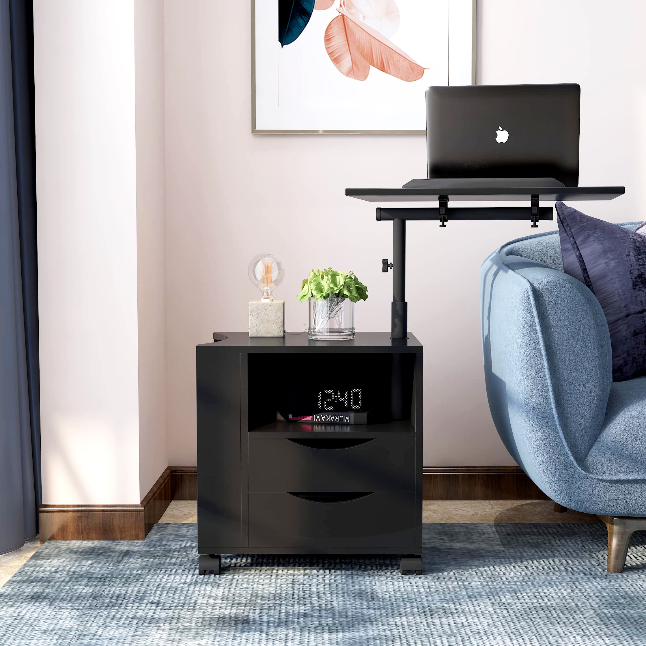 Semiocthome Modern Black Wood Adjustable Height End Table, 2 Drawers,Wheels