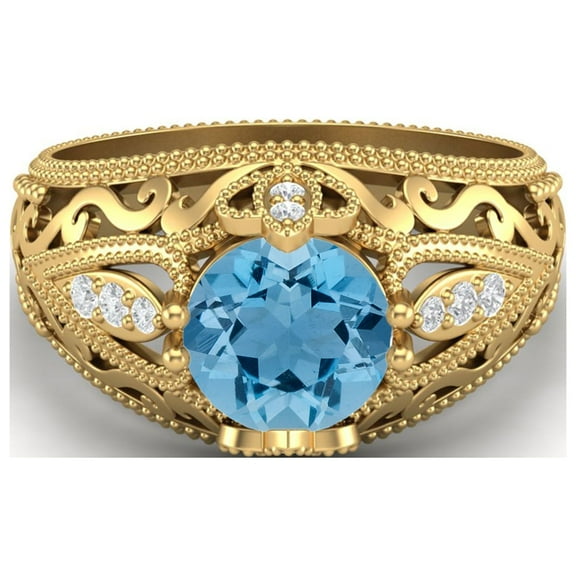 1.45 Ctw Round Swiss Blue Topaz Antique Filigree Design 925 Sterling Silver Gold Vermeil Women Valentines Day Gifts Ring