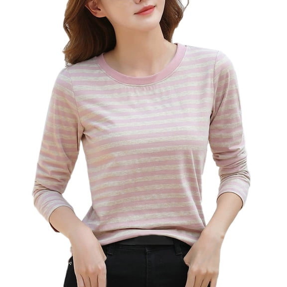 Jamsmile Women Tshirts Spring Round Neck Color Contrast Striped Print Long Sleeve T Shirts Loose Tunic Retro Tees Tops