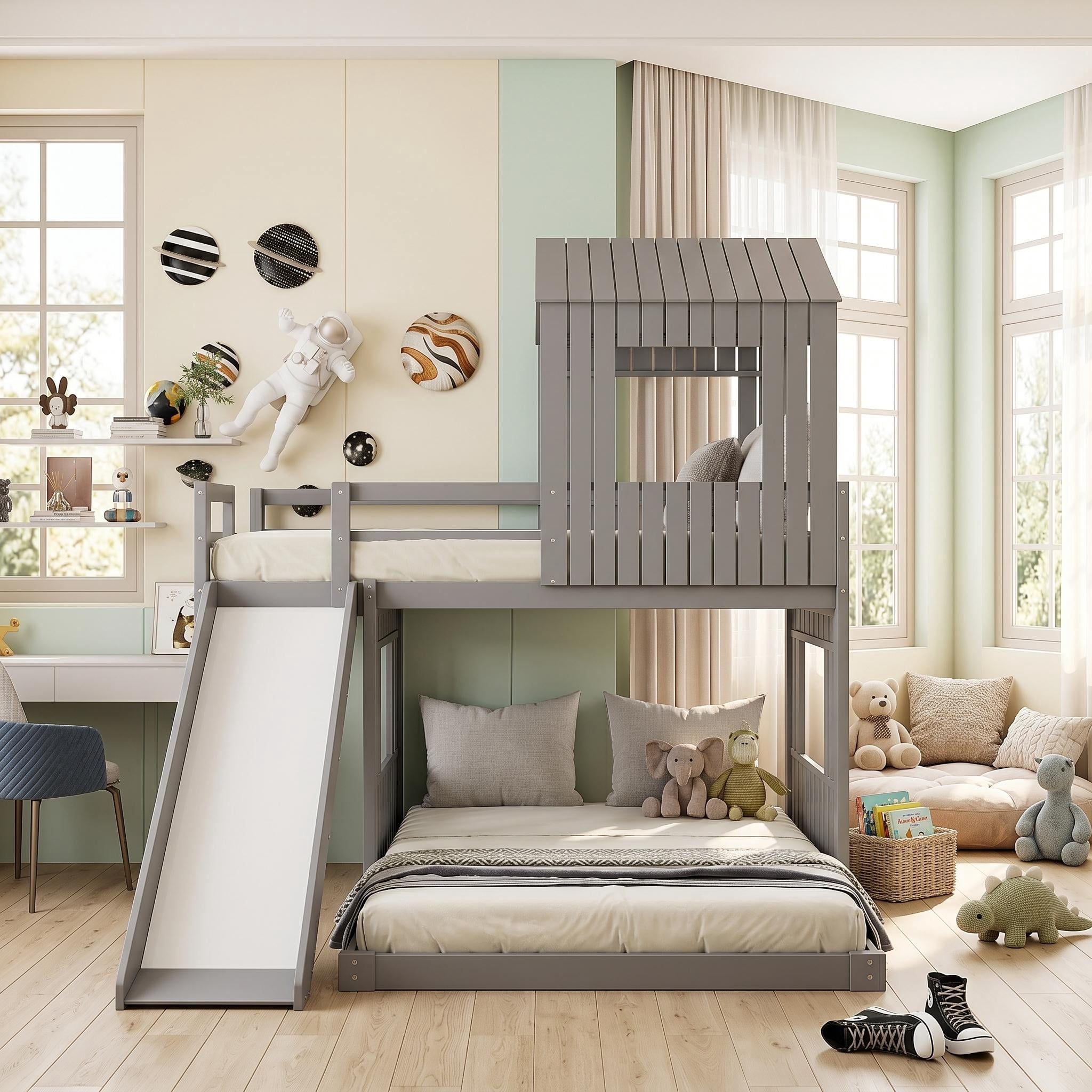 Homy Casa Twin Over Full Bunk Bed, 89" Wood House Bed with Slide, Guardrails & Slats for Kids Bedroom, Gray