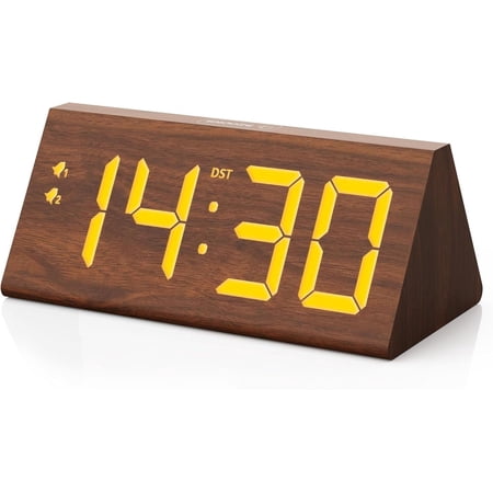 Wooden Digital Alarm Clock with Dual USB Charging Ports, DST, Dimmable, Snooze, Modern Large Time Display LED Clock for Kids Bedrooms, Living Room, Desk, Table, Bedside, Nightstand (Brown)