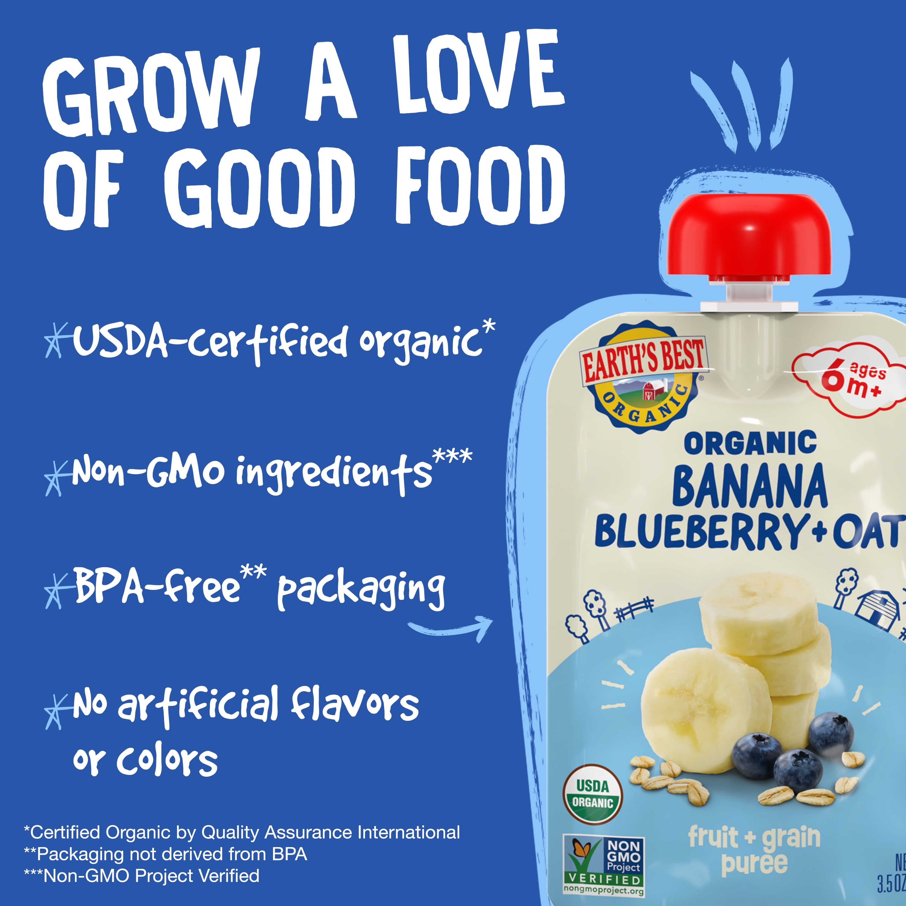 (12 pack) Earth's Best Organic Stage 2 Baby Food, Banana Blueberry Oat Fruit & Grain Puree, 3.5 oz Pouch