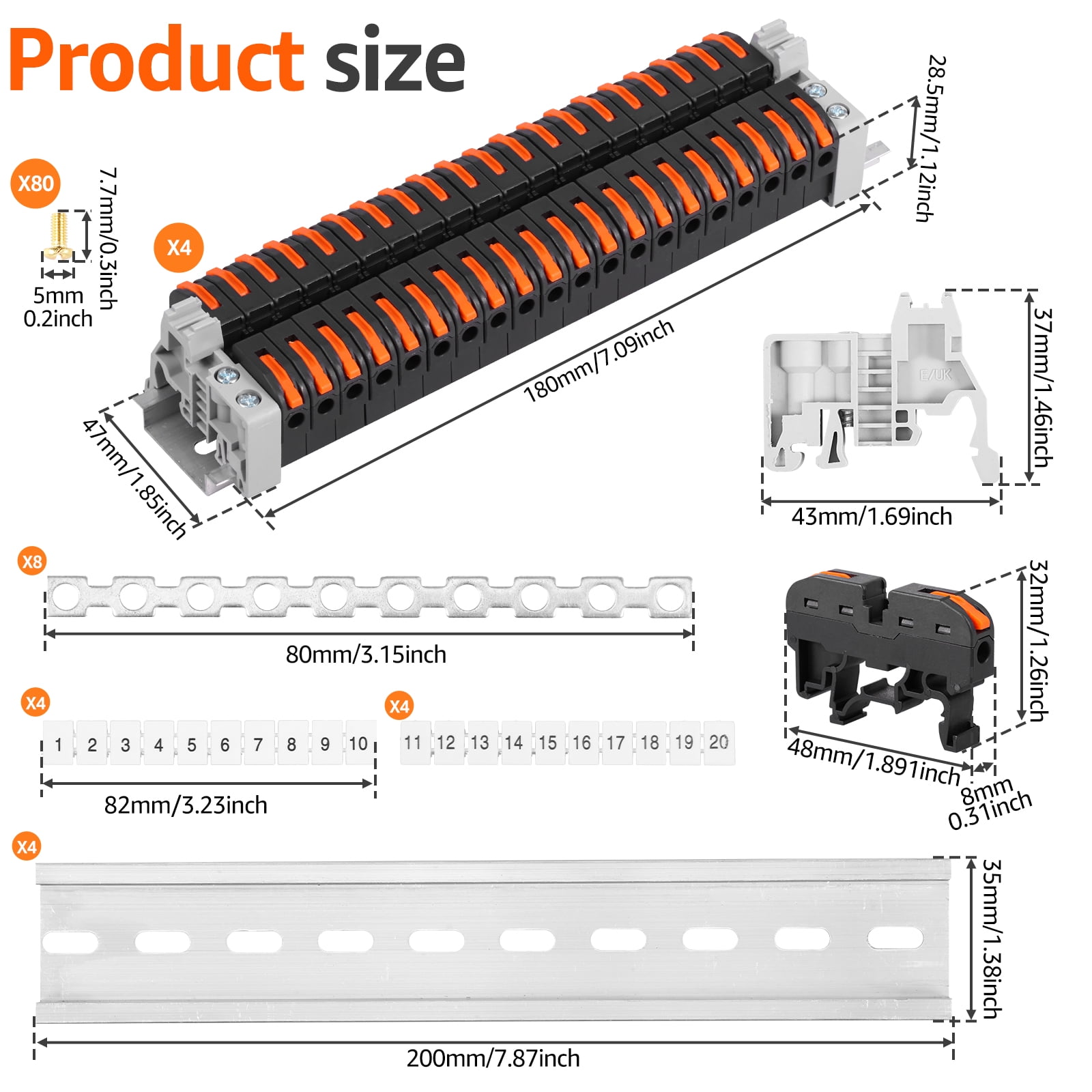 AEVXKHI Pack of 80 DIN Rail Terminal 28-12AWG PCT-211 DIN Rail Terminal with Connection Bar Number Marking Strip and Screw for Automation Project DIY Project