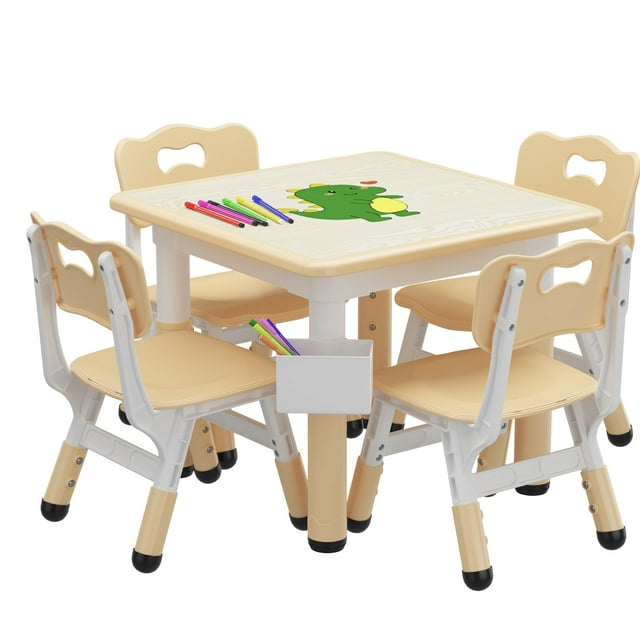 Yiwa Toddler Table and 4 Chairs Set with Graffiti Desktop, Height Adjustable Kids Table and Chairs Set with Storage, Non-Slip Legs, Kids Activity Table for Home, Nursery,for Age 2-10