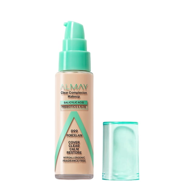 Base de maquillaje Almay Clear Complexion para el acné con ácido salicílico, cobertura media, acabado mate suave, hipoalergénica, sin crueldad animal ni fragancia, probada por dermatólogos, 099 Porcel