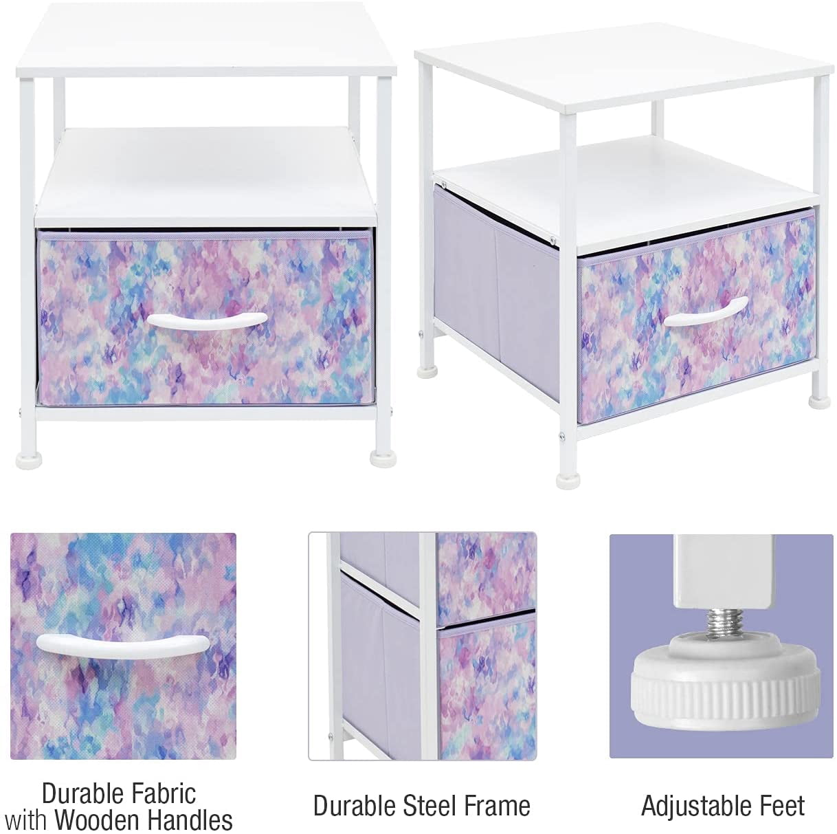 Sorbus Nightstand 1-Drawer Shelf Storage- Bedside Furniture & Accent End Table Chest for Home, Bedroom, Office, College Dorm, Steel Frame, Wood Top, Easy Pull Fabric Bins (Purple)
