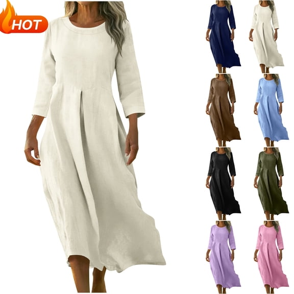 Taqqpue Women Summer Maxi Dresses Casual Solid Color V-Neck Sundresses Loose Fit 3/4 Sleeve Dress Flowy Swing Vacation Beach T Shirt Dresses for Women