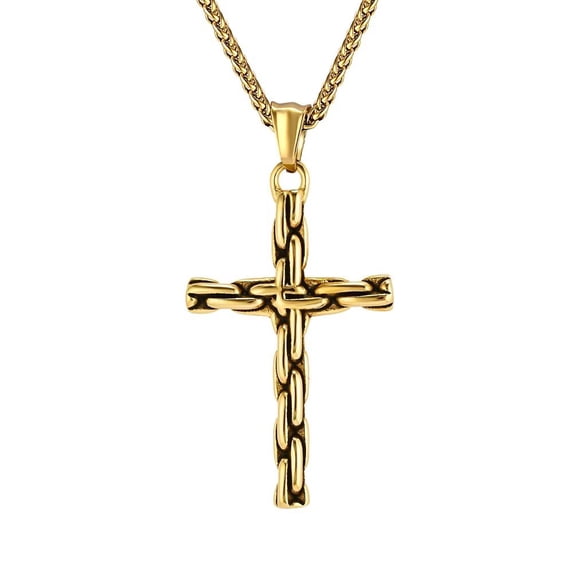 PAMTIER Unisex Stainless Steel Vintage Punk Hip Hop Stone Texture Chain Braided Cross Signet Pendant Amulet Crucifix Necklace Gold Free Chain
