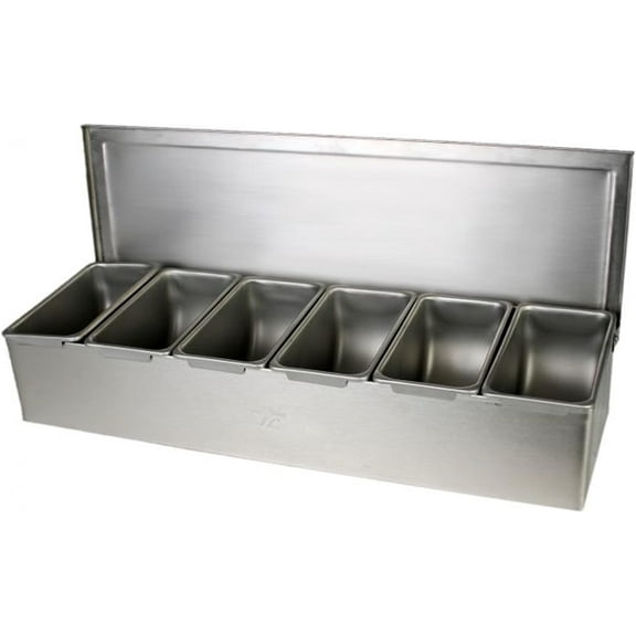 TrueCraftware- 6 Compartment Stainless Steel Condiment Bar (Open Bottom)- Condiment Dispenser Serving Container Garnish Tray Bar Caddy Condiment Server Caddy Garnish Holder for Home Work Restaurant