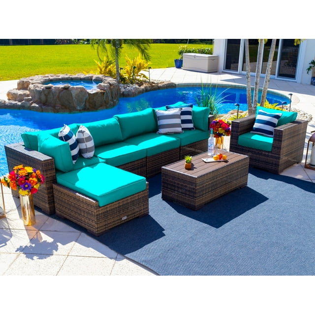 Sorrento 7-Piece Resin Wicker Outdoor Patio Furniture Sectional Sofa Set in Brown w/ Four Sectional Pieces, Ottoman, Armchair, and Coffee Table (Flat-Weave Brown Wicker, Sunbrella Canvas Aruba)