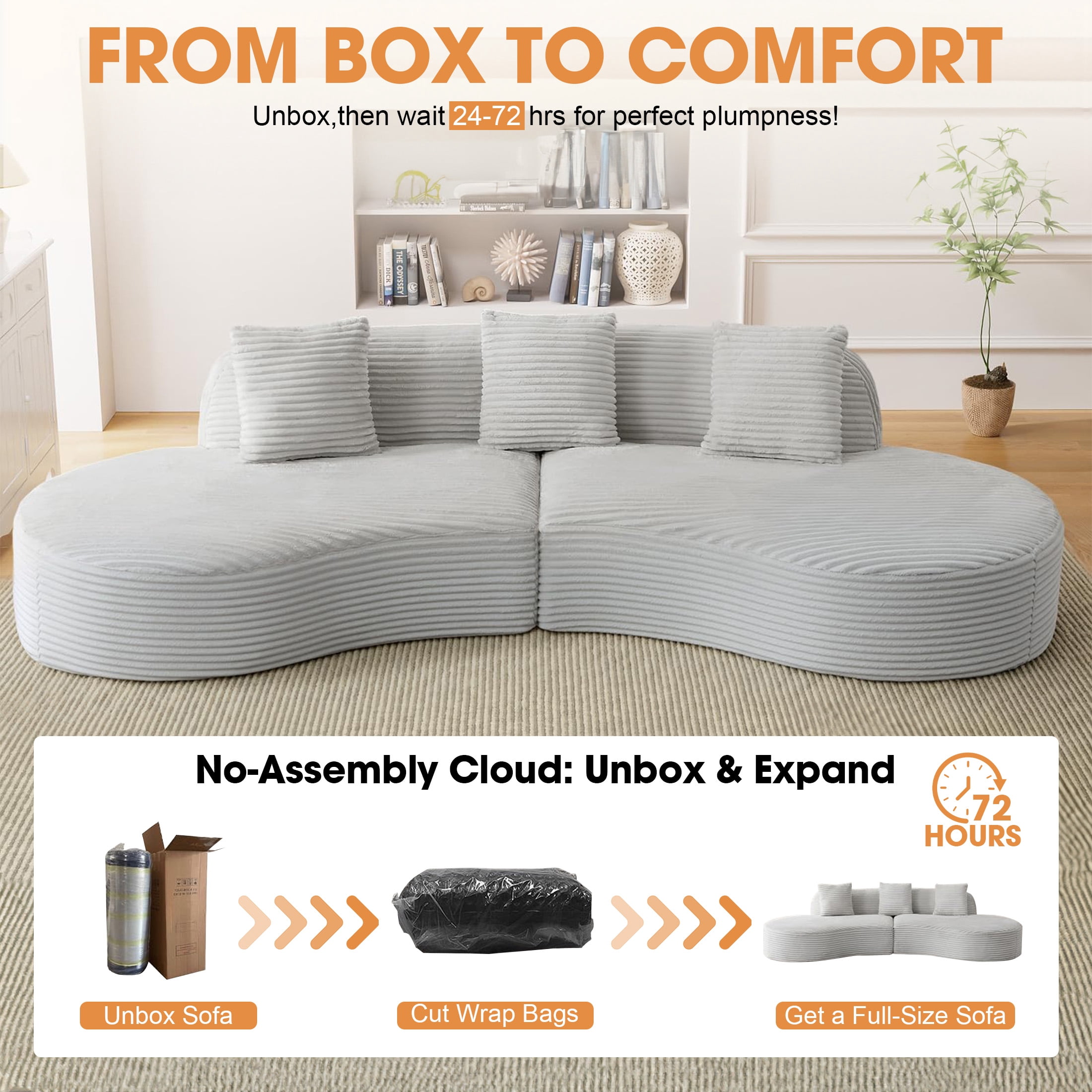 Aukfa 123.2" Oversized Cloud Sectional Sofa – Curved Upholstered Living Room Couch with 3 Pillows, No Assembly, Gray