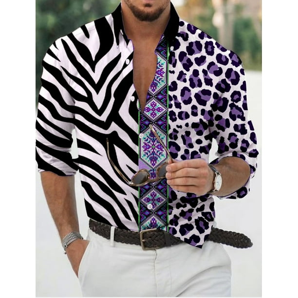 Camisa con estampado 3D de leopardo para hombre , camisa para hombre, camisa de manga larga con botones negros para uso diario, para vacaciones, moda informal, transpirable