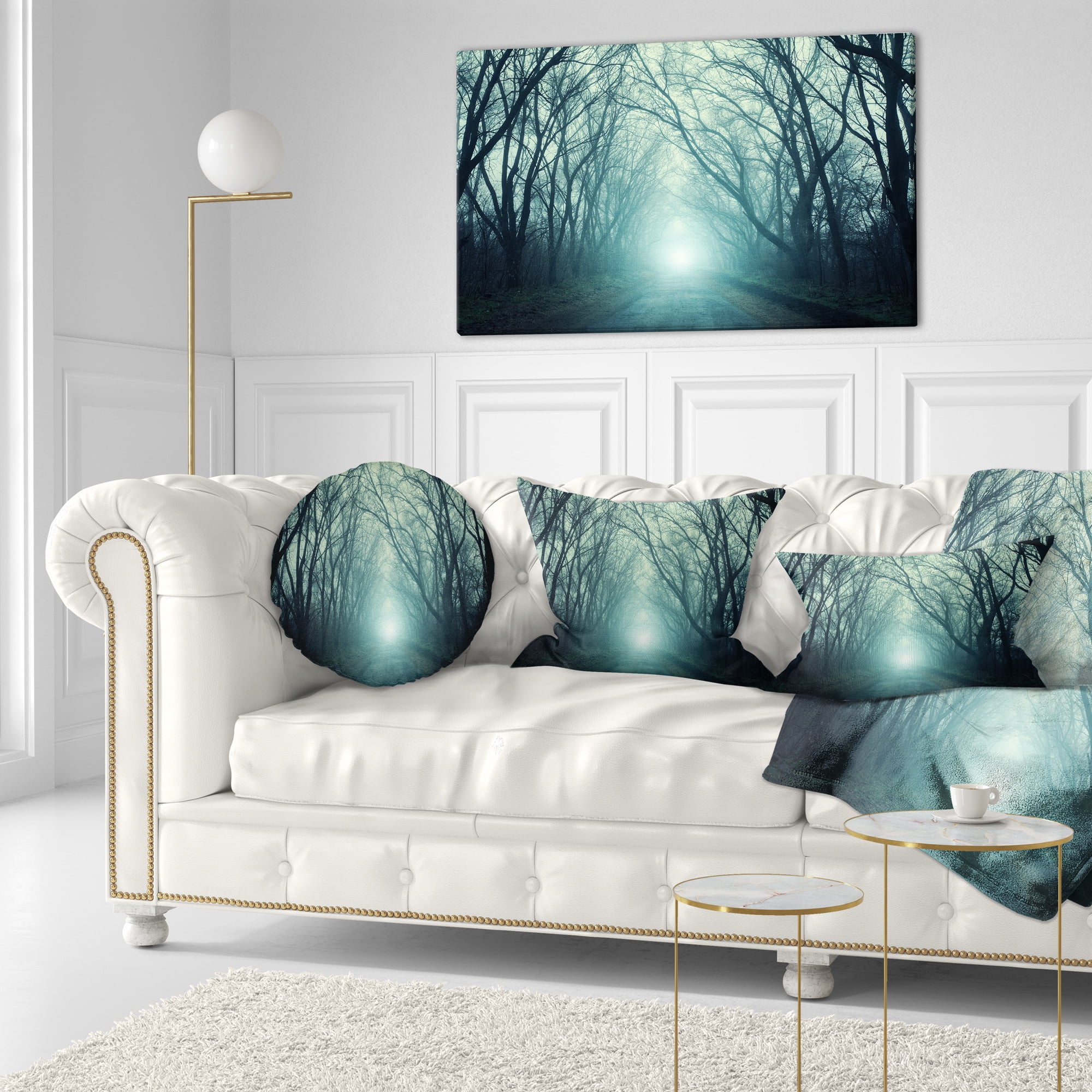 Designart Fall Forest Path with Green Light - Landscape Photography Throw Pillow - 12x20