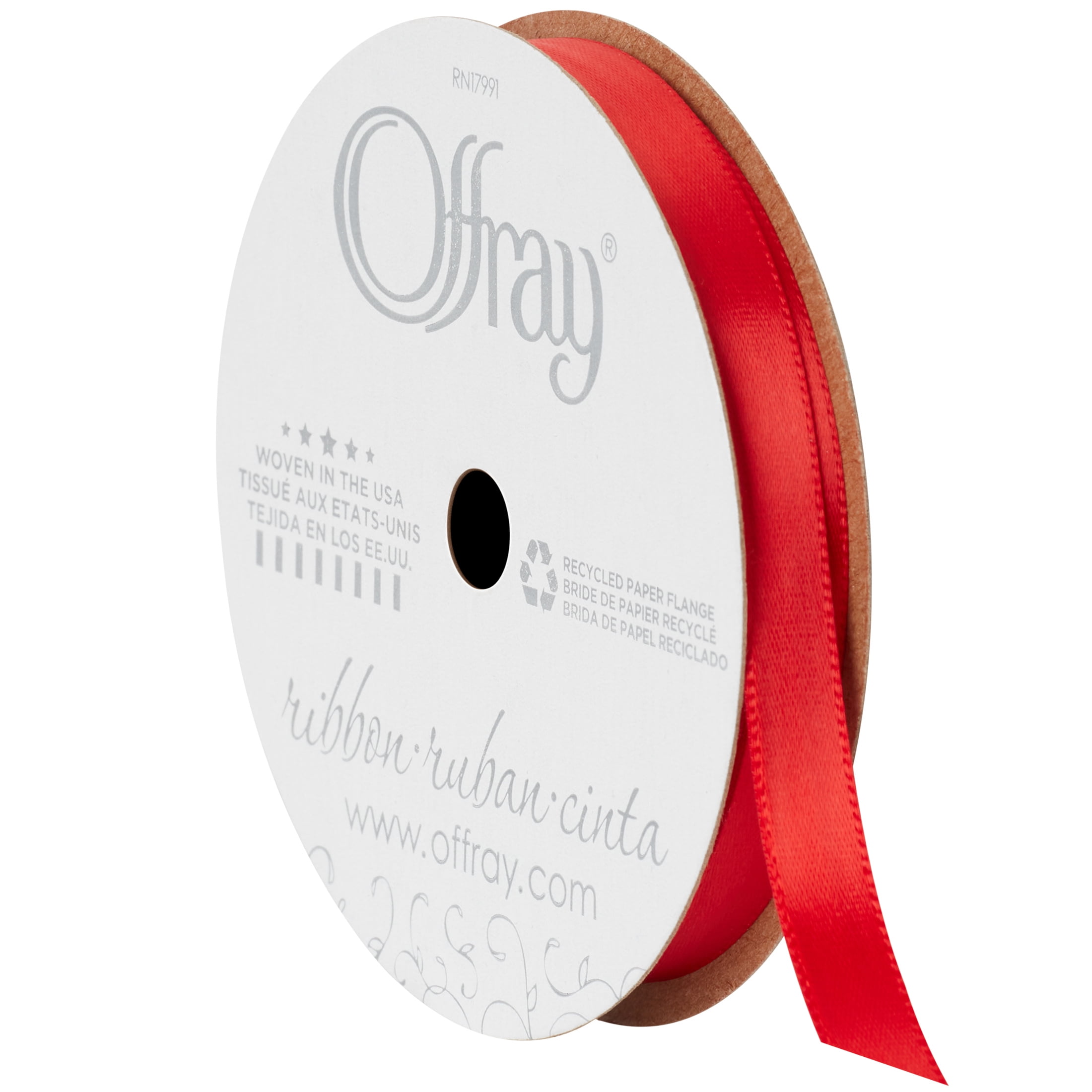 Offray Ribbon, Red 3/8 inch Single Face Satin Polyester Ribbon, 18 feet