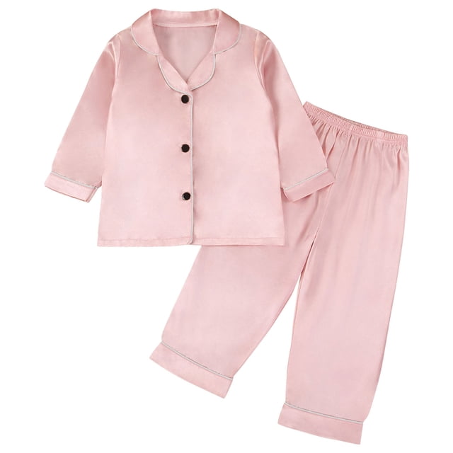 Odeerbi 1-8 Años Niños Niñas Pijama de Satén Con Solapa Entallada Camisa de Manga Larga Conjunto de Pantalones Suave Ropa de Dormir de Dos Piezas Pijama de Dos Piezas