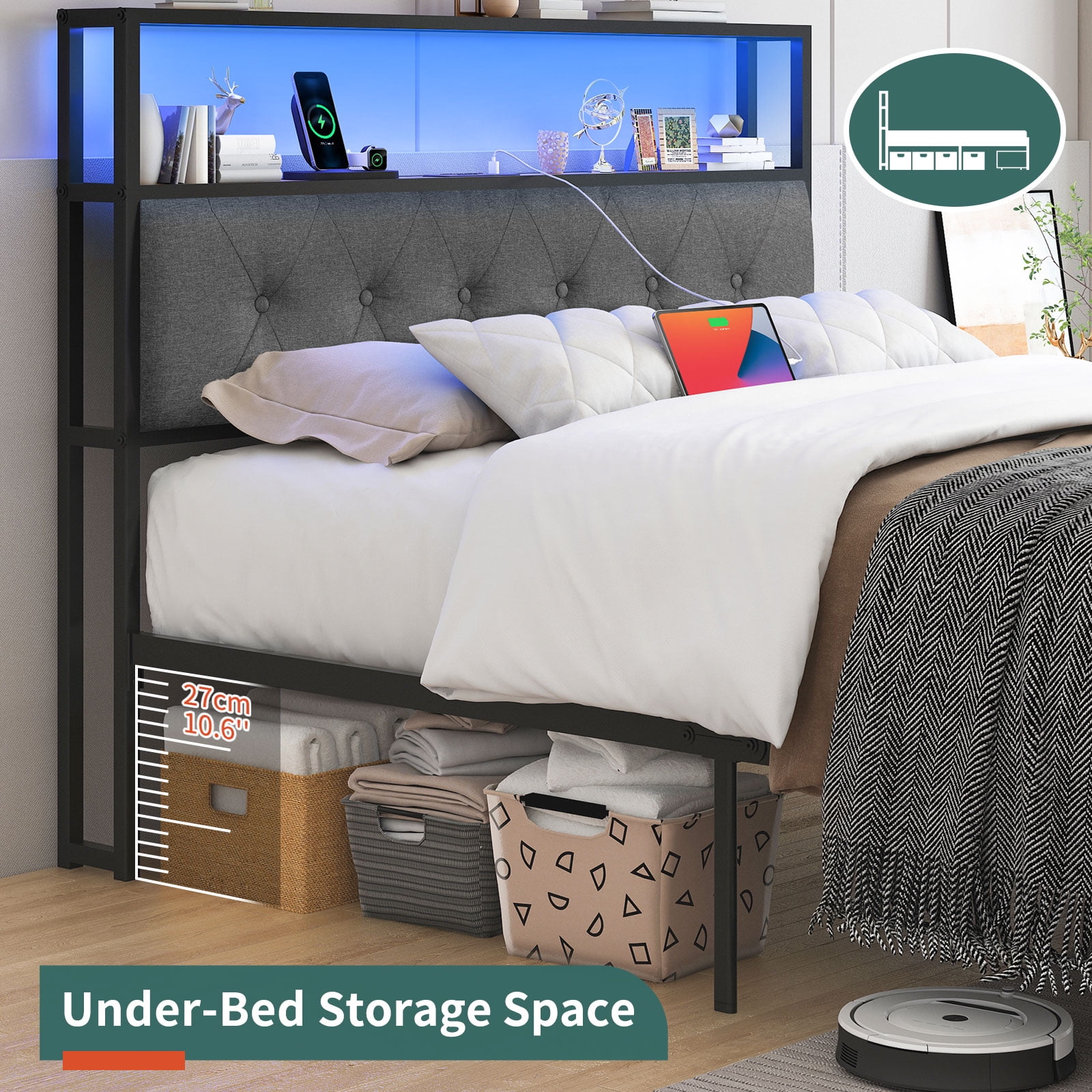 Full Size LED Light Bed Frame with Storage Headboard and USB Ports,Bed Platform with Drawers, RGB Lights