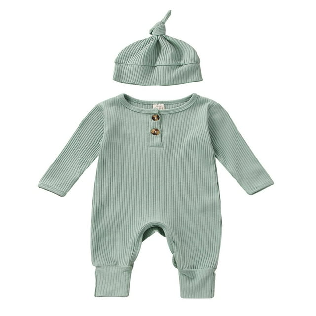 Infant Baby Boys Jumpsuit and Hat Set Solid Knit Ribbed Long Sleeve Crew Neck Button Romper One-Piece Clothes