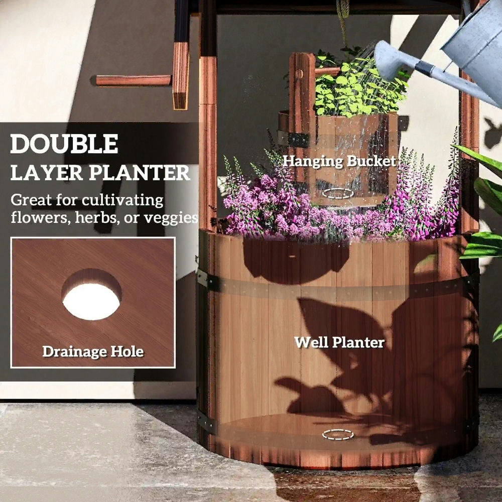 Resenkos Wood Wishing Well for Outside with Hanging Bucket, Wishing Well Planter with Drain Hole for Garden Patio, Carbonized