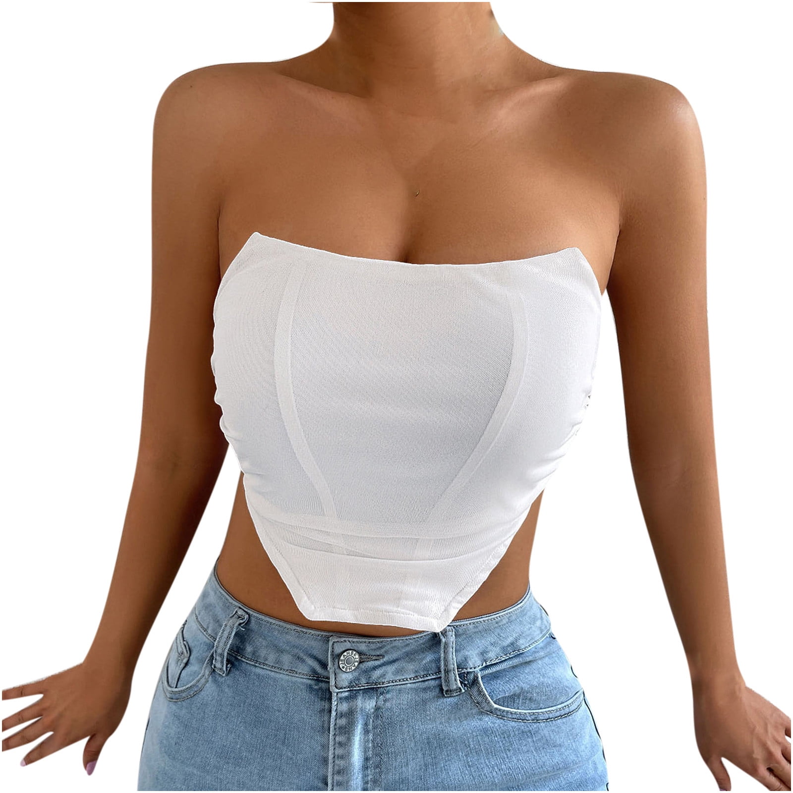 Darlingaga Fashion Patchwork White Mesh Bustier Top Sexy Ladies Transparent  Corset Top Strapless Lace Up Crop Tops Adjustable