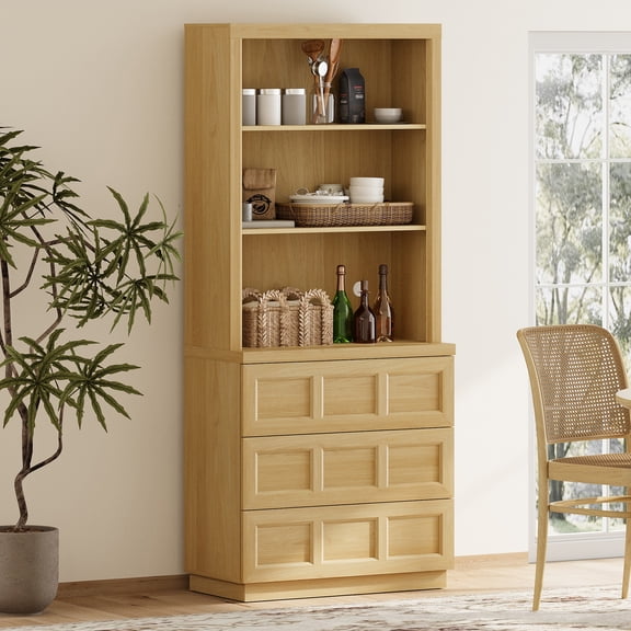HOMOOI Wood Pantry Cabinet, Boho Freestanding Kitchen Storage Hutch with 1 Adjustable Open Shelves and 3-Large Drawers,Anti-Wobble Storage Organizer for Kitchen, Dining Room, Entryway,Oak
