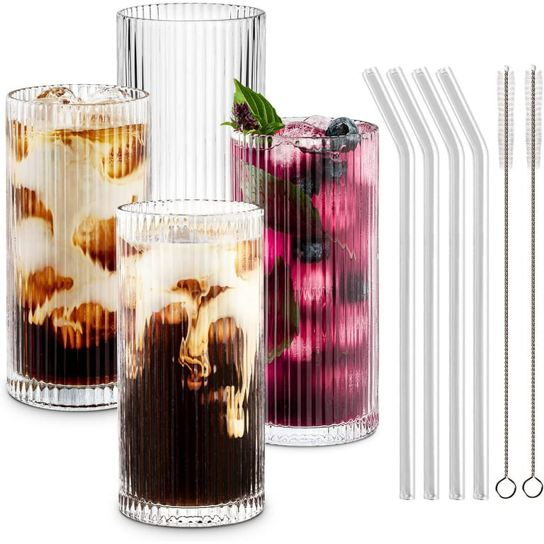 Combler Glass Cups with Straws, Drinking Glasses 12.5oz, Ribbed Glassware  Set of 4, Iced Coffee Cup, Coffee Bar Accessories, Vintage Glassware Sets