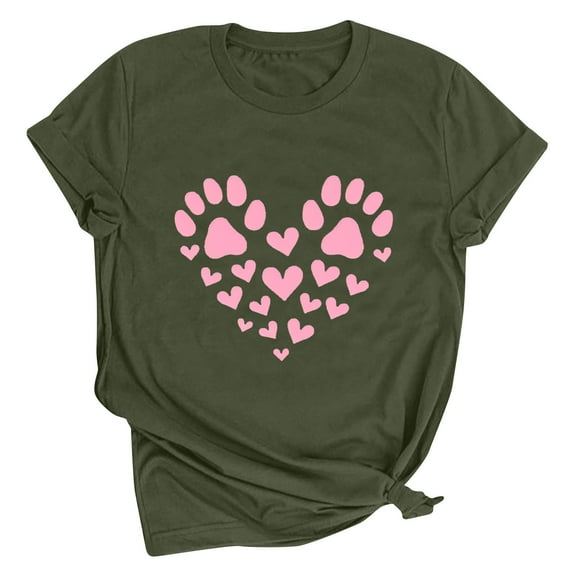 Womens Valentine's Day T Shirt On Sale Cute Lover Printed Short Sleeve Tee Loose Round Neck Oversized Shirt Tops Army Green XXL