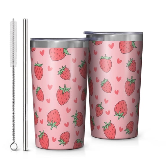 Pink Strawberry Plants Fruit 10oz Tumblers Stainless Steel Tumbler with Lid and Straw,Vacuum Insulated Double Wall Travel Tumbler Cups with Cleaning Brush for Coffee, Tea