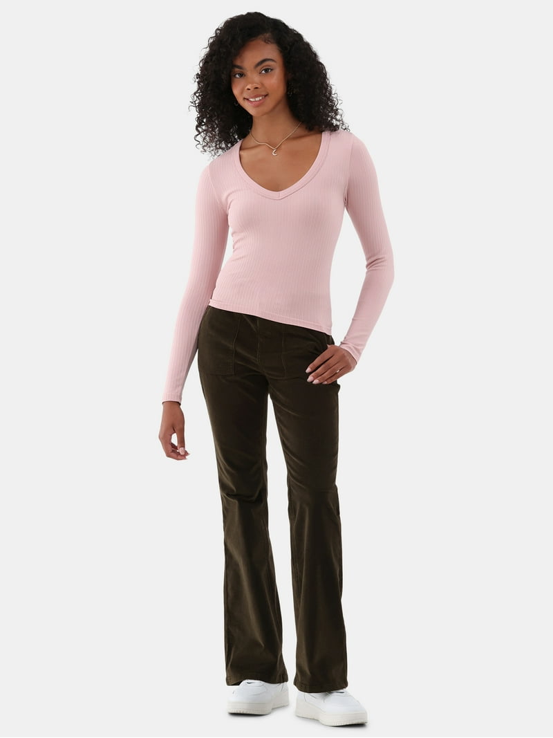 No Boundaries Seamless V-Neck Top with Long Sleeves, Women's XXS